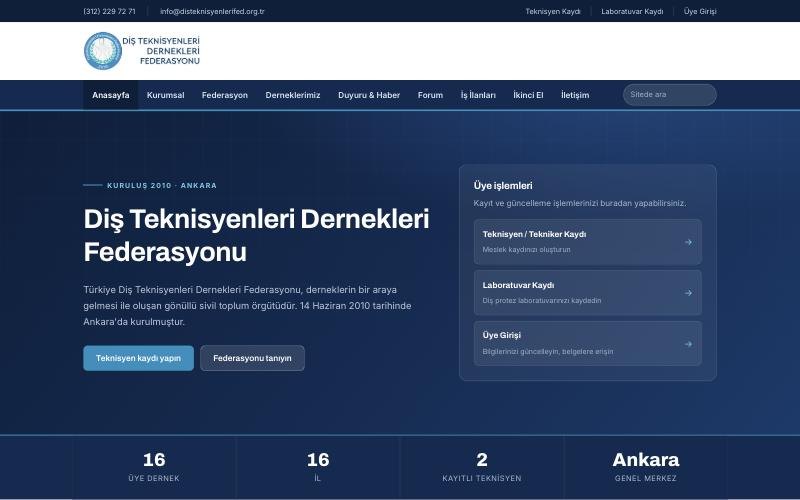 Diş Teknisyenleri Dernekleri Federasyonu web sitesi ana sayfası